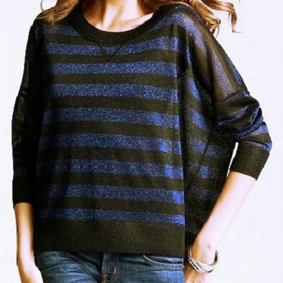 French Connection Twinkly Knit Stripe Black Cobalt Oversized T-shirt XS - Picture 1 of 9